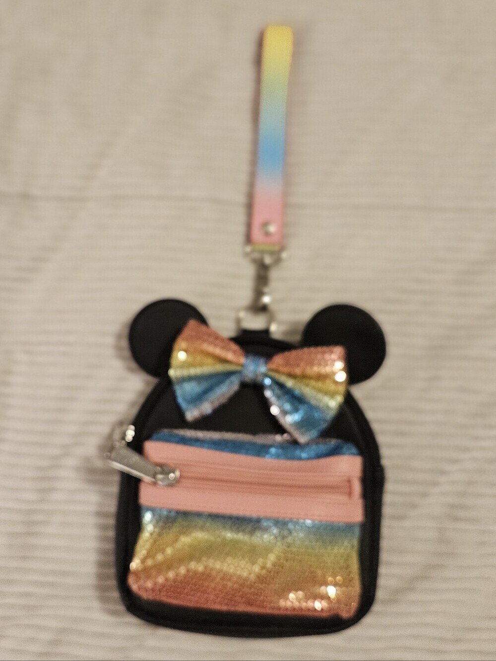 Disney Parks Loungefly Black Minnie Mouse Mini Backpack Wrislet with Rainbow Bow